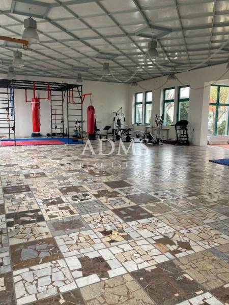 Prostorné kanceláře s boxovacími pytli a fitness vybavením, dlažba z různých druhů mramoru.