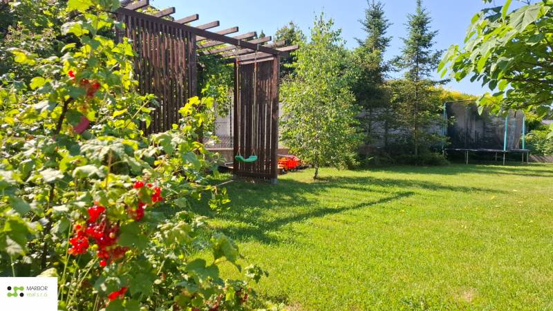 Zahrada rodinného domu na Brezové ulici v Malé Idě s houpačkou a trampolínou.