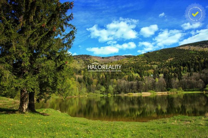 Jezero obklopené lesy a horami v Dolní Lehotě u chaty.