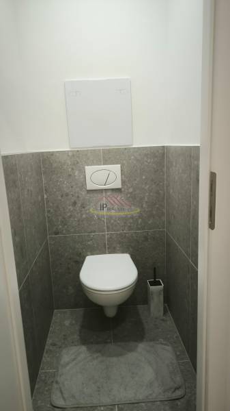 Toaleta s dlažbou a závěsným WC v garsonce.