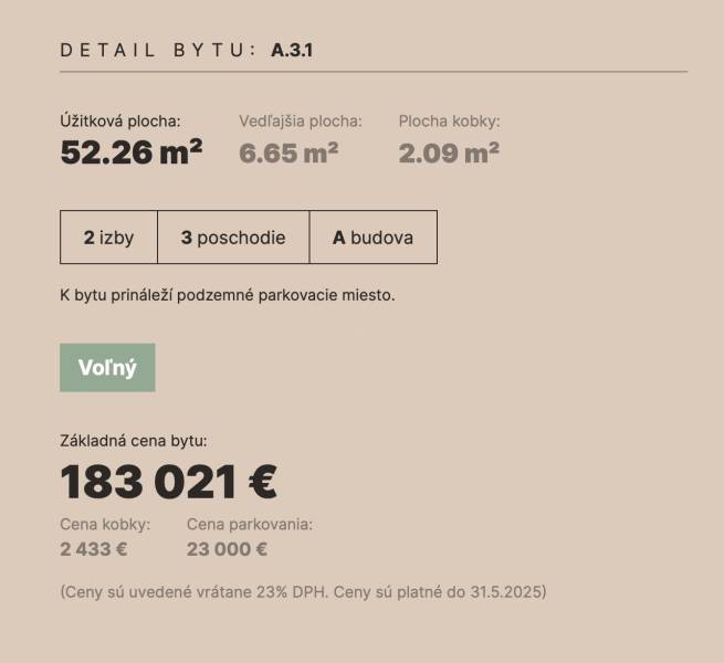 2-pokojový byt s užitnou plochou 52,26 m² na 3. poschodí budovy A.