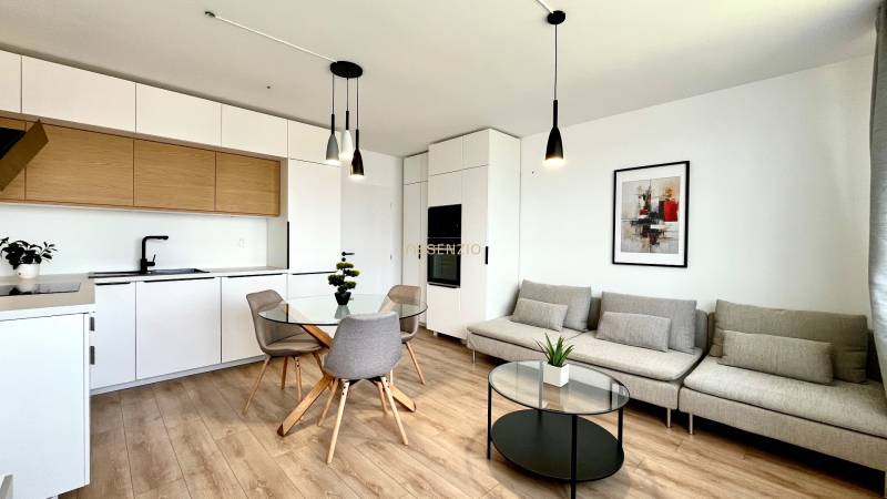 Designová kuchyně a obývací pokoj v 2pokojovém bytě s dřevěnými detaily a dekorací.