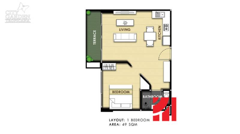 Půdorys 2-pokojového bytu s terasou, kuchyní, obývacím pokojem a koupelnou. Rozloha 49 m².
