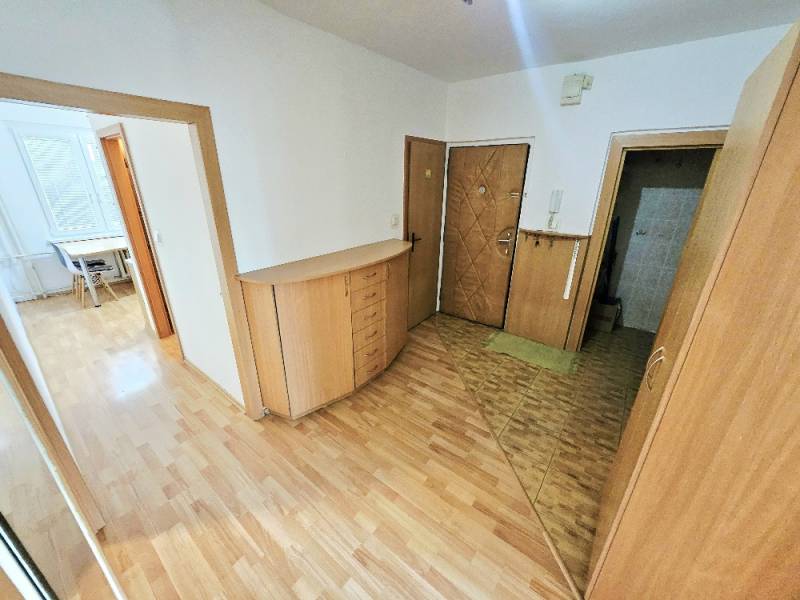 Předsíň 3-pokojového bytu s dřevěnými podlahami a nábytkem, pohled směrem do pokoje.