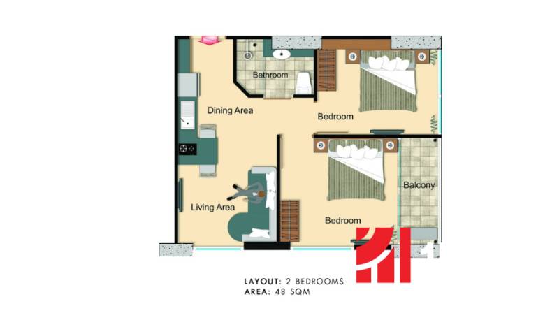 Půdorys 3-pokojového bytu: ložnice, obývací pokoj, koupelna, jídelní kout, balkon.