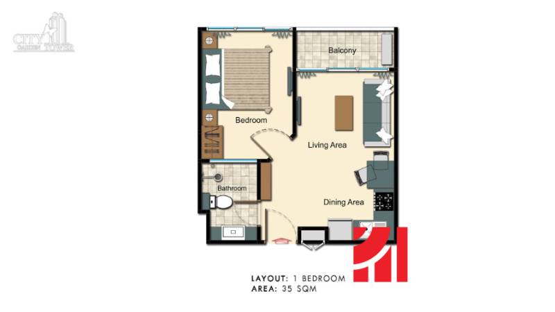 Půdorys 2-pokojového bytu s balkonem, obývacím prostorem a jídelnou, 35 m².