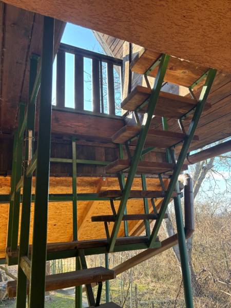 Dřevěné schodiště na rekreační pozemky, obklopené přírodou, poskytuje přístup na vyvýšenou terasu.