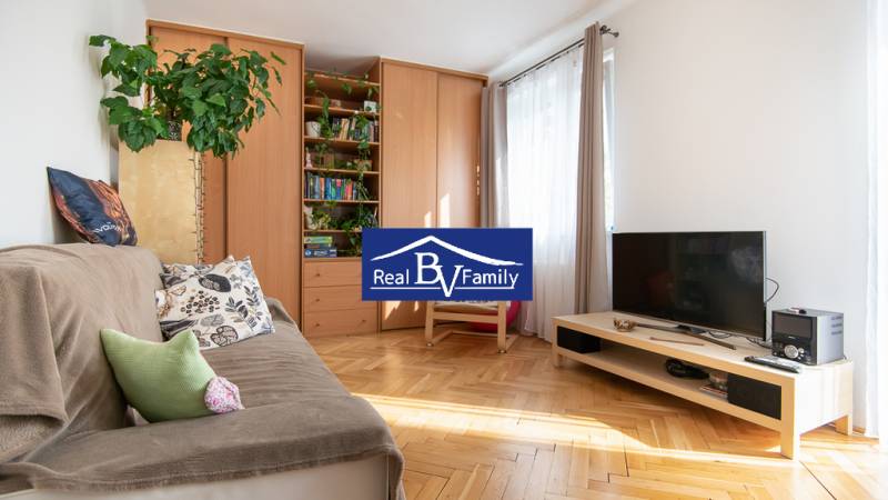 Obývací pokoj v dvojgarsonce s pohovkou, televizorem a velkou skříní, světlé dřevěné parkety.
