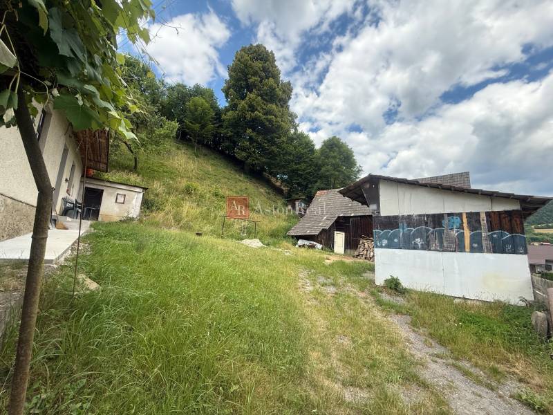 Dvůr venkovského rodinného domu v Záriečí na Záriečí s travnatým porostem a přístřeškem.