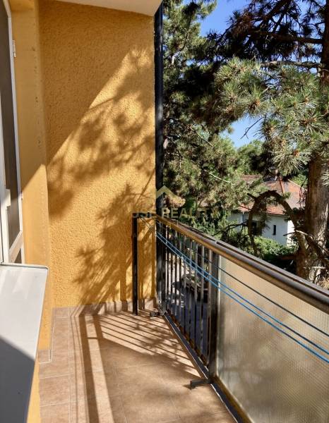 Balkon s výhledem na zeleň, 3pokojový byt obklopený stromy a slunečními paprsky.