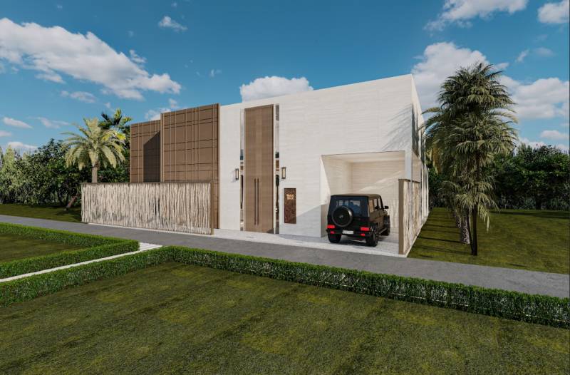 Rodinný dům v Zanzibar North s moderní architekturou, zahradou a terénem s palmami.