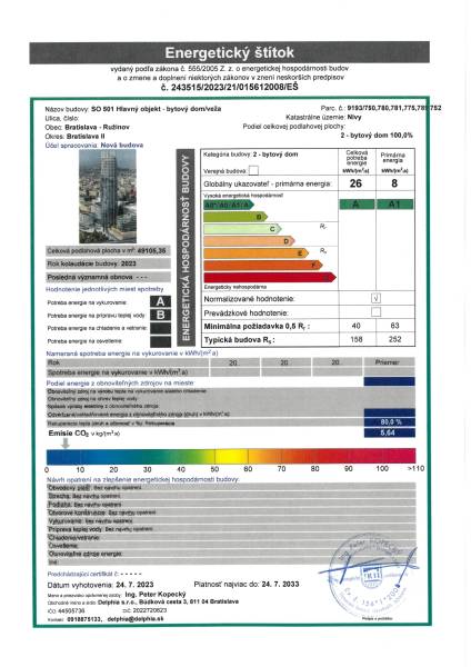 Energetický štítek pro bytový dům na ulici Pribinova v Bratislavě hodnotí 2-pokojový byt.