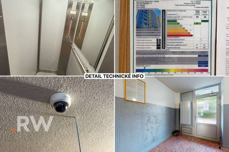 Bytový dům na Kyjevské v Trenčíně: výtah, energetický certifikát, bezpečnostní kamera, vstupní chodba.