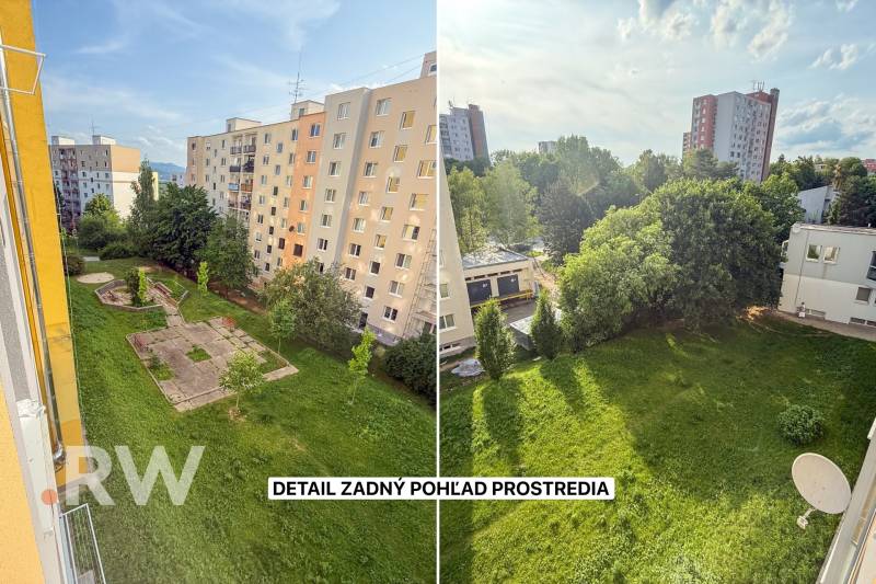Pohled z 1-pokojového bytu na Kyjevské ulici v Trenčíně s okolními paneláky a zelení.