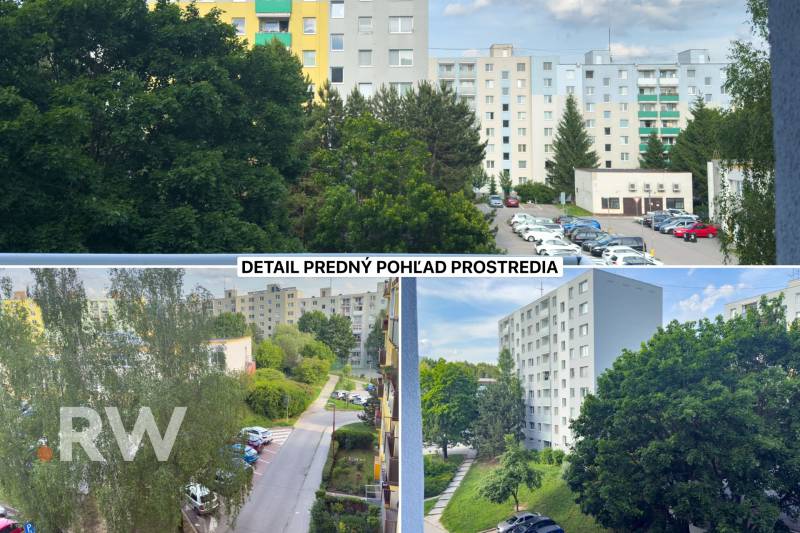 Výhled z 1-pokojového bytu v Trenčíně na Kyjevské s okolní zelení a paneláky.