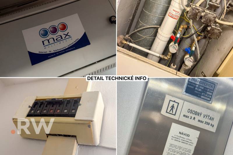 Technické detaily elektroinstalace, měřičů a výtahu v 1-pokojovém bytě.