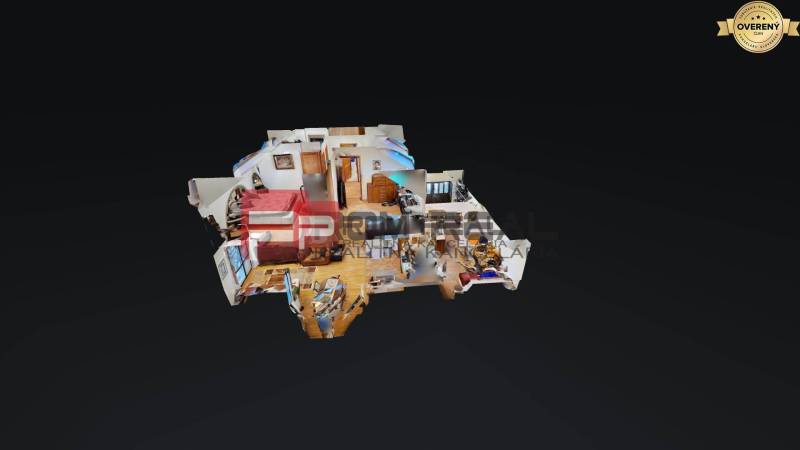 3D půdorys s vybavením interiéru Rodinného domu. Zobrazeny jsou jednotlivé místnosti.
