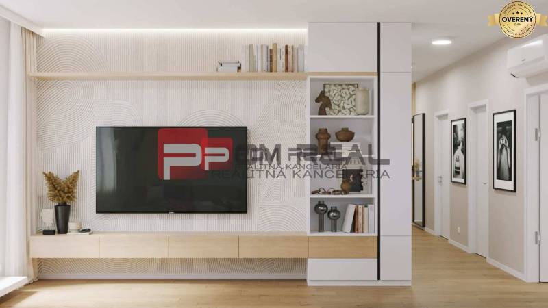 Elegantní 2pokojový byt s moderním obývacím pokojem na Limbašské cestě, dekorativní stěna je ozdobou.