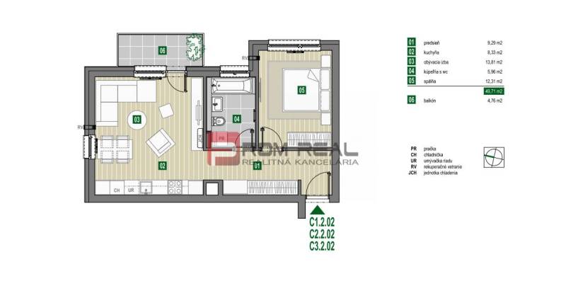 Půdorys 2-pokojového bytu 49,71 m², sestává z kuchyně, obývacího pokoje, ložnice, balkonu.