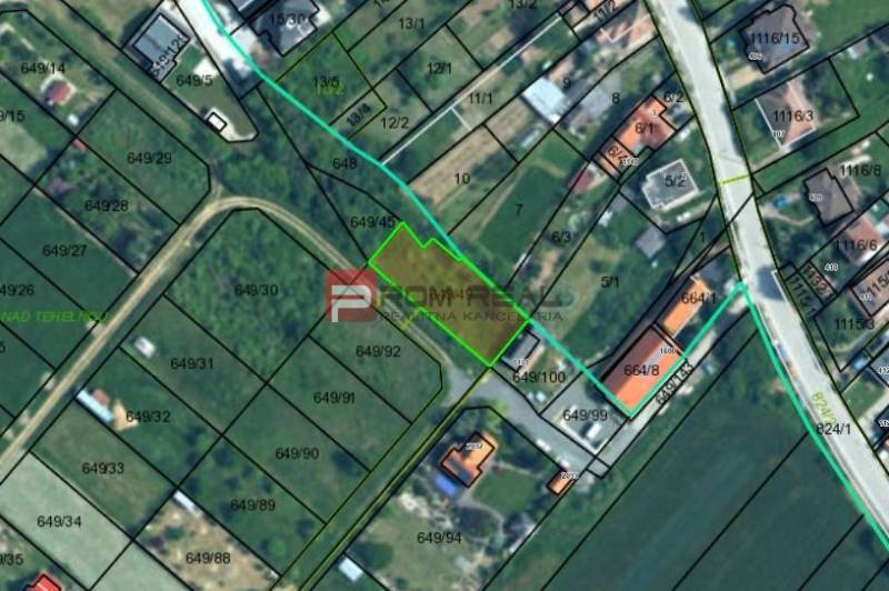 Katastrální mapa v Budmericích na Polní ulici, označující pozemky - bydlení.