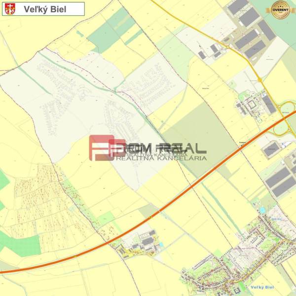 Mapa zobrazuje Velký Biel s úseky na ulici Senecká a zemědělské a lesní pozemky.