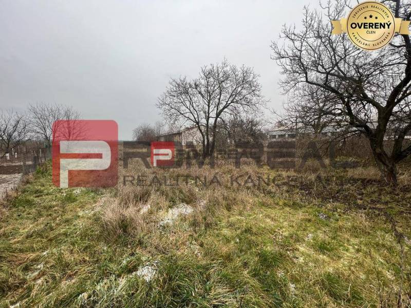 Pozemek s trávou a stromy na ulici Partizánska, v pozadí sklady a haly.