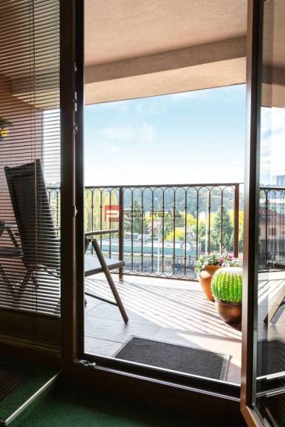Balkon s výhledem na zeleň, rostliny v květináčích, Při Suchém mlýně v Bratislavě.