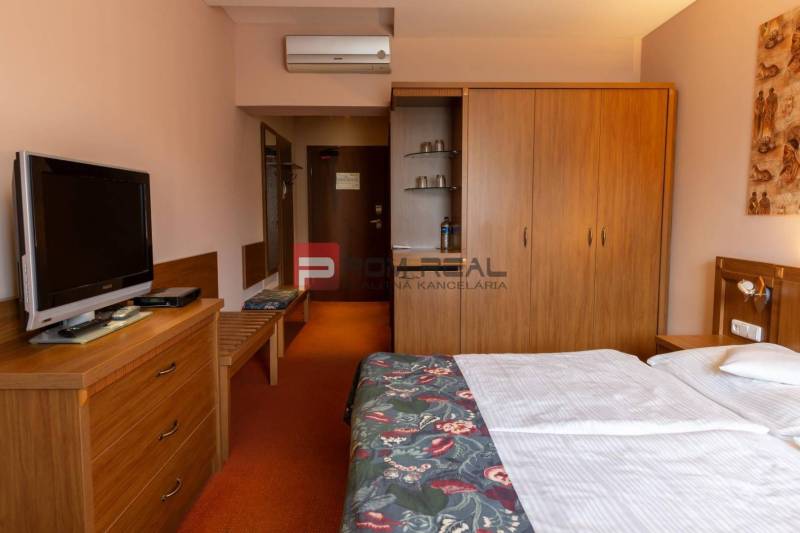 Pokoj v hotelu a penziony s televizí, skříní a manželskou postelí.