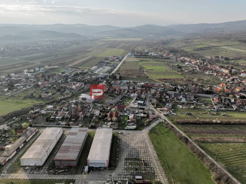Pohled na výrobní prostory ve Vinosadech na Pezinské ulici obklopené vinicemi.