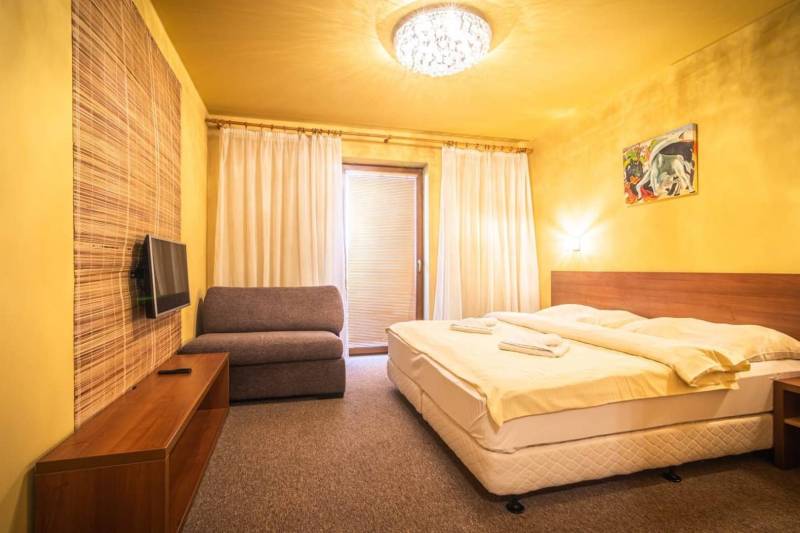 Ložnice v rekreačním apartmánu s manželskou postelí, pohovkou a televizí.