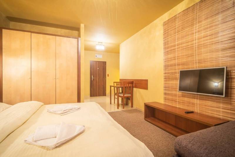 Rekreační apartmán s manželskou postelí, televizí na zdi a dřevěným nábytkem.