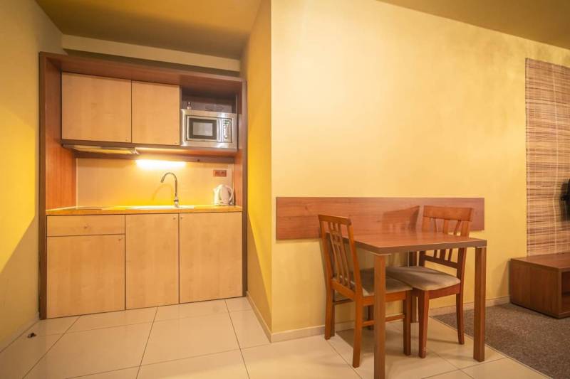 Kuchyňský kout s dřezem, mikrovlnkou a jídelním stolem v rekreačním apartmánu.