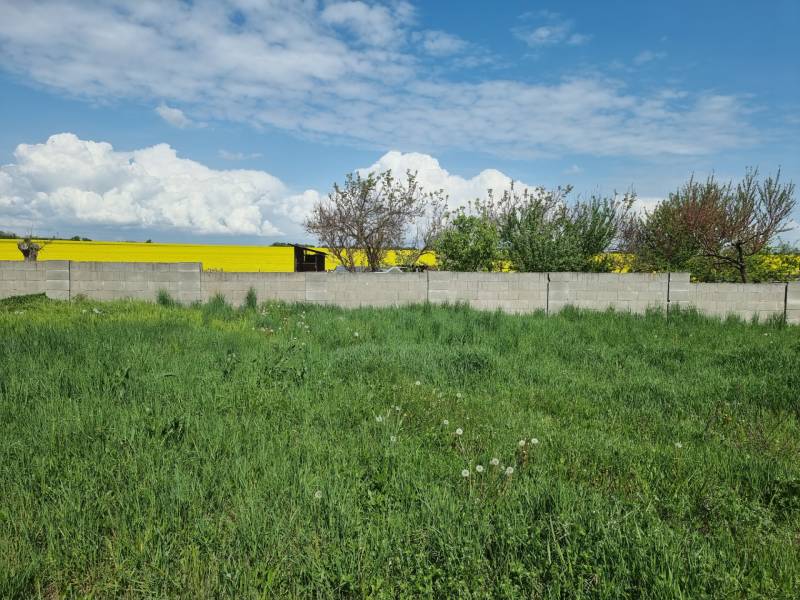 Zelený pozemek obklopený zdí s výhledem na žluté pole v Cabaj-Čápore. Pozemky - bydlení.