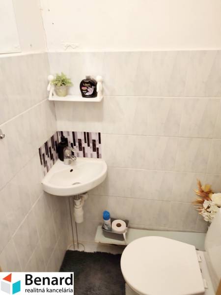 Malá koupelna v 2-pokojovém bytě s umyvadlem, WC a dekoracemi.