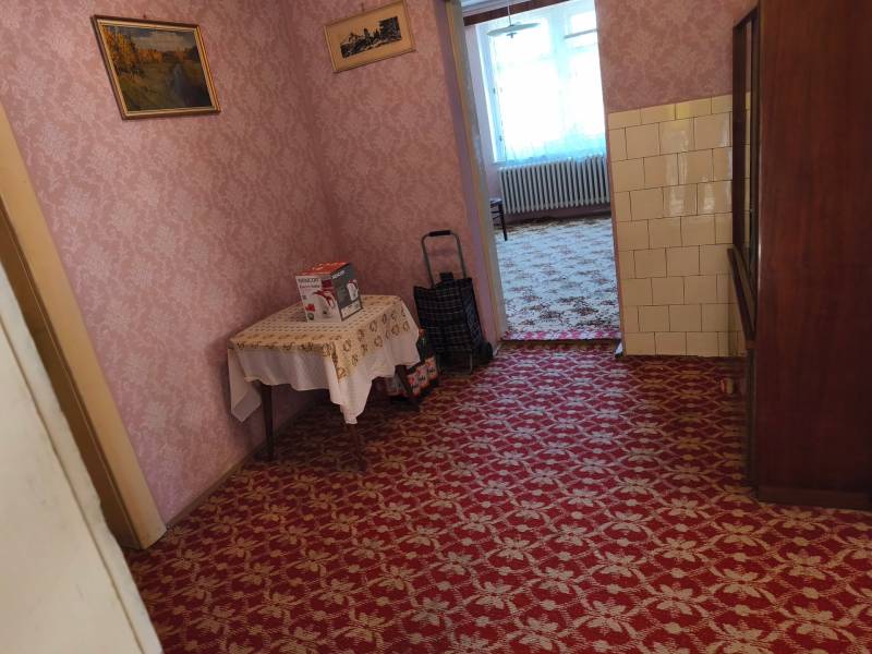 Interiér rodinného domu s kobercem, tapetami a nábytkem, včetně obrazu na stěně.