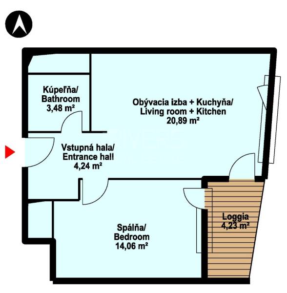 Půdorys 2-pokojového bytu s obývacím pokojem a kuchyní, ložnicí, koupelnou a lodžií.