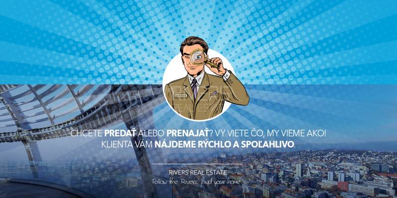 Agent s lupou na modrém pozadí, ulice Pribinova, nabídka 2-pokojového bytu.