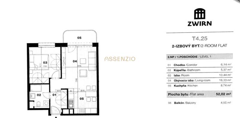 Půdorys 2-pokojového bytu u ulice Cvernovka s rozlohou 52,02 m² a balkonem.