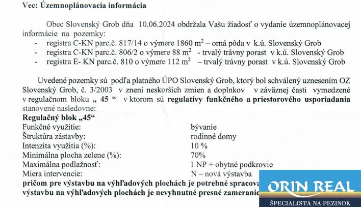 Územně plánovací informace z obce Slovenský Grob pro pozemky určené k bydlení.
