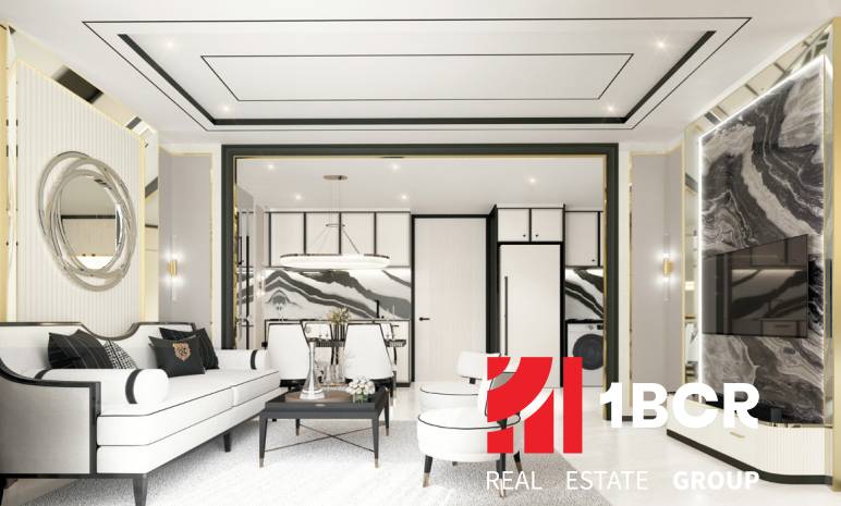 Luxusní interiér 3pokojového bytu s elegantním posezením a moderním osvětlením.