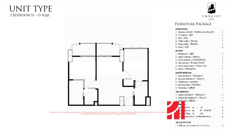 Půdorys dvoupokojového bytu 51-53 m² se seznamem zařízení a označením Ověřený člen.