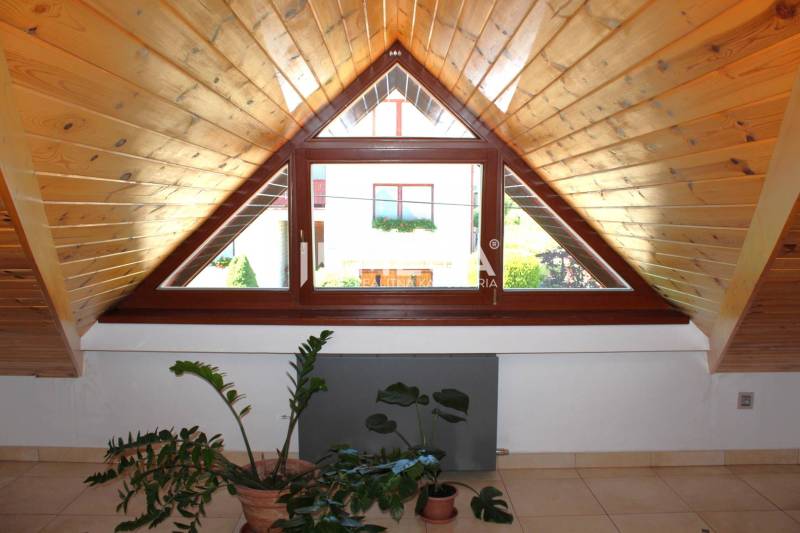 Dřevěné podkroví s velkým oknem v 3-pokojovém bytě, pokojové rostliny na podlaze.