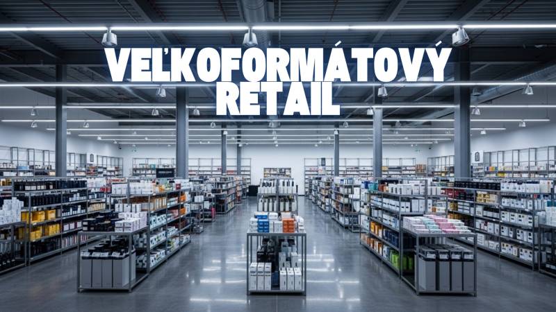 Obchodní prostory s více regály a produkty, označené jako velkoformátový retail.