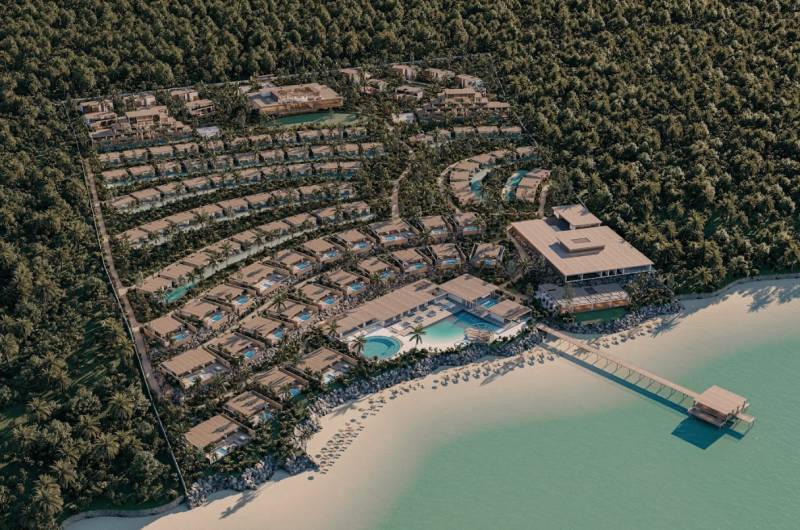 Luxusní rezidenční oblast s vilami a bazény u pláže v části Nungwi, Zanzibar North.