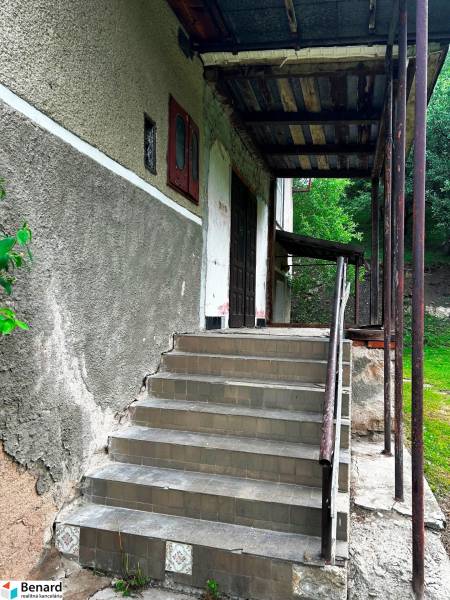 Vchod se schodištěm do rodinného domu ve Velké Lesné, obklopený zelenou vegetací.