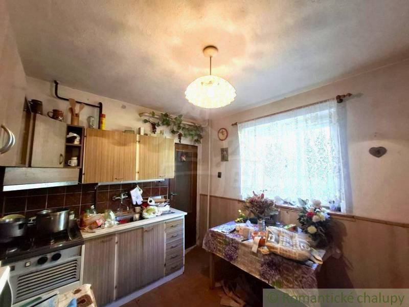 Kuchyně v rodinném domě s linkou, stolem a květinami na okně.