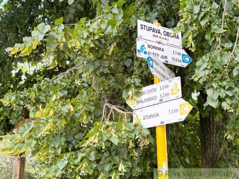 Turistické rozcestníky obklopené listím v Zahradách Malacek, ukazující turistické trasy.