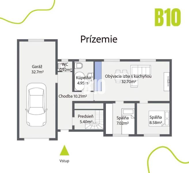 Půdorys přízemí rodinného domu s garáží a obývacím pokojem v Bratislavě - Novém Městě.