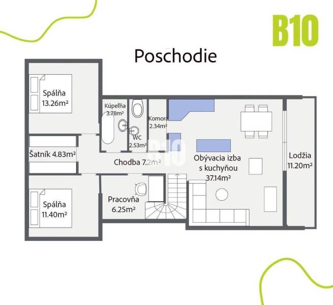 Půdorys patra rodinného domu: dvě ložnice, obývací pokoj s kuchyní, lodžie.