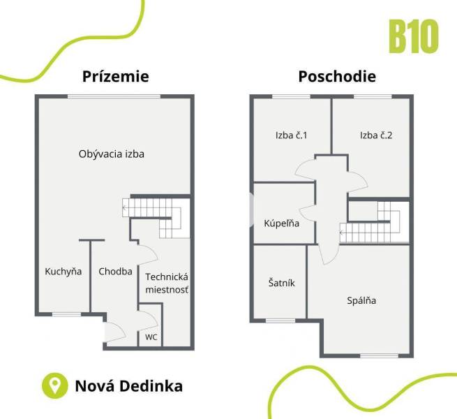 Půdorys rodinného domu s přízemím a patrem, místnosti rozdělené na pokoje a kuchyň.